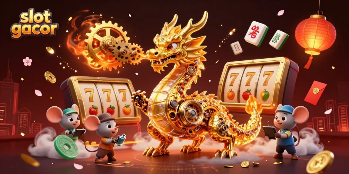 Experience the thrill of slot gacor with a golden dragon and dynamic casino elements in a vibrant 3D scene.