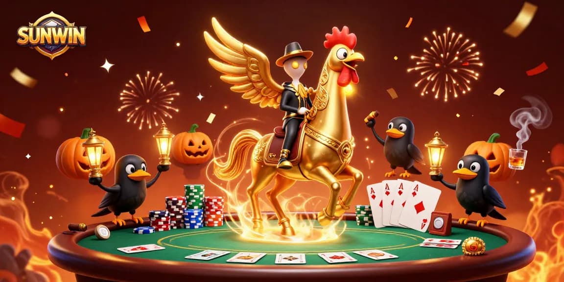 SUNWIN invites gamers to a vibrant casino adventure with characters amidst poker action and golden festivities.