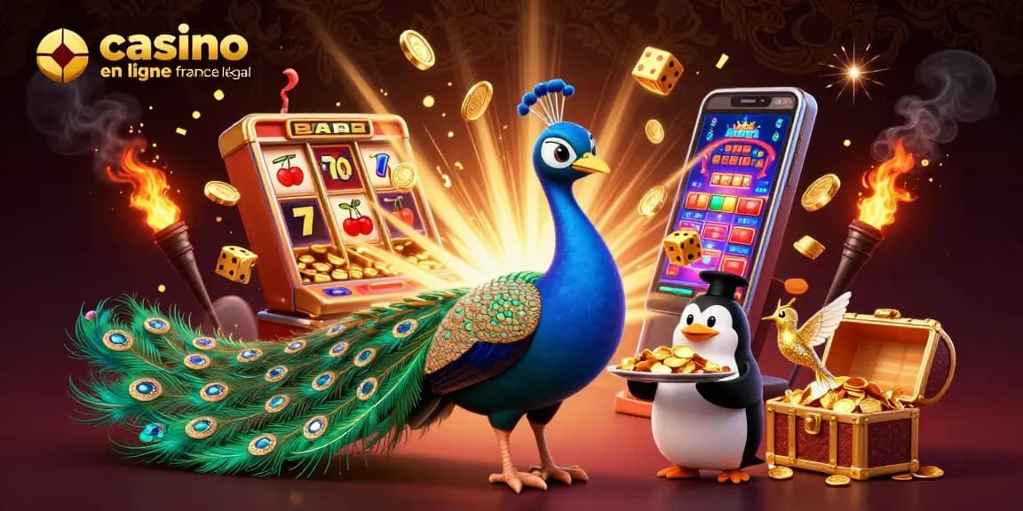 Illustration humoristique d'un casino en ligne France légal, avec un paon aristocratique et un pingouin majordome.