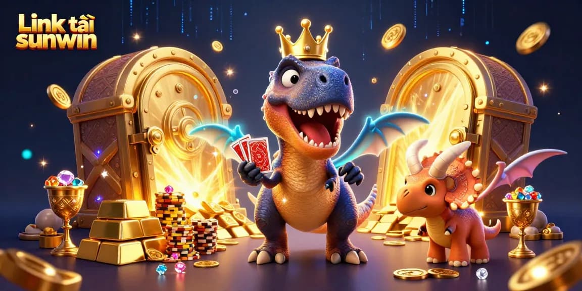 Engage with the Link tải sunwin gaming experience, as a T-Rex shuffles cards amid treasure and excitement.