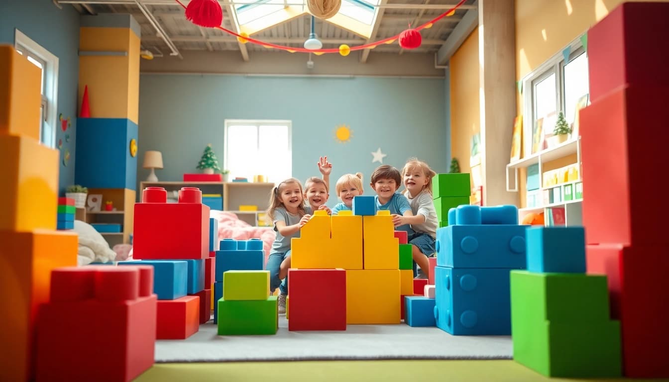 Discover more about children playing with colorful giant building blocks in a vibrant indoor setting.