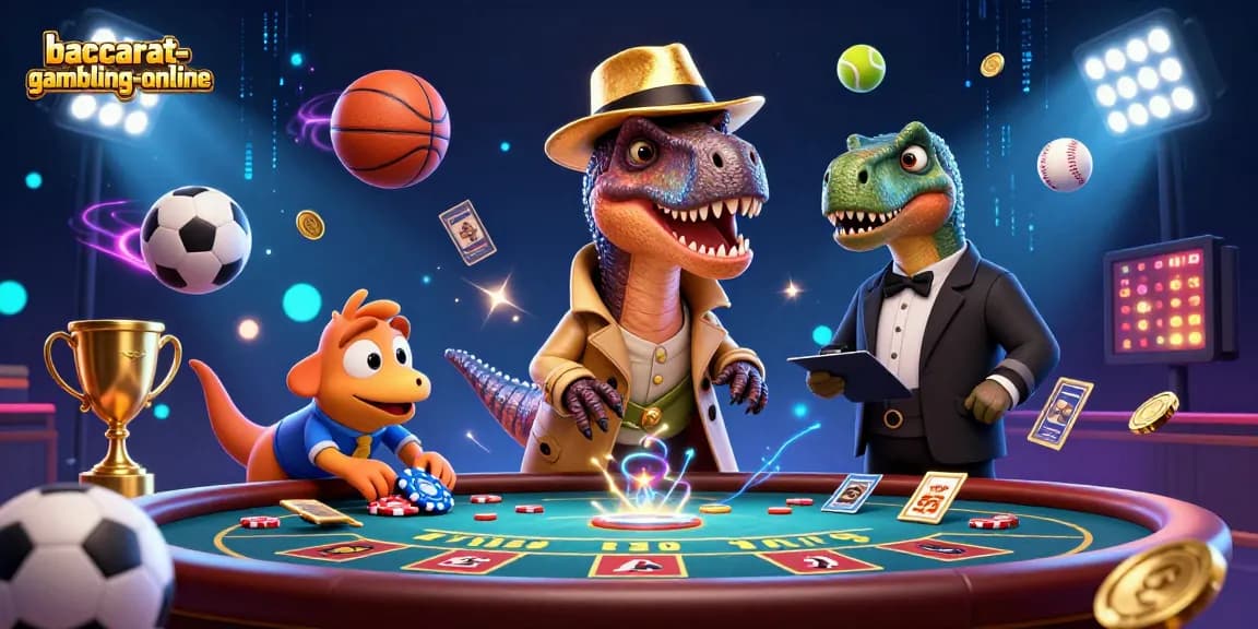 Baccarat-gambling-online scene with a velociraptor card counter at a table, surrounded by dynamic game elements.