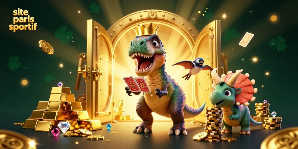 Pariez sur le site paris sportif avec des personnages de dinosaures amusants illustrant le jeu.
