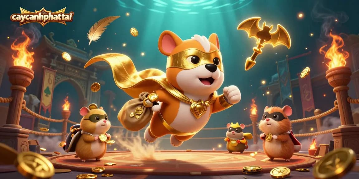 Experience the excitement of caycanhphattai with a superhero dog soaring over gold coins in dynamic gameplay.