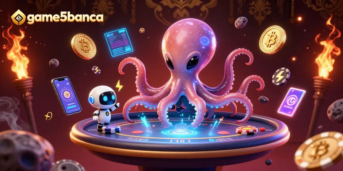 Experience thrilling poker action with game5banca's alien octopus and neon crypto elements.
