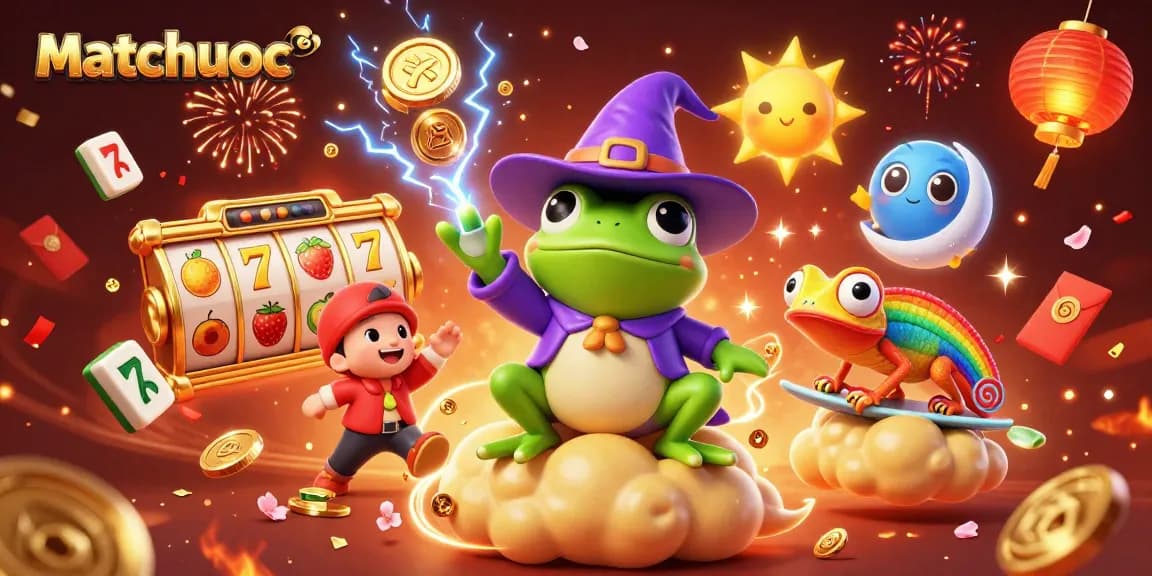 Experience winning moments with matchuoc as the wizard frog conjures golden coins in a vibrant casino scene.