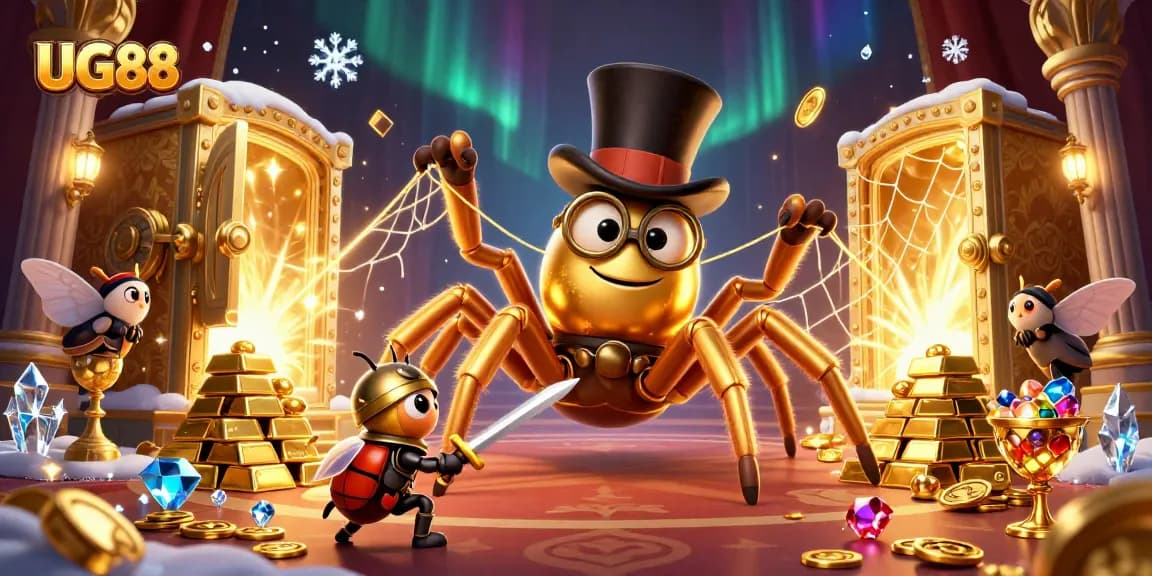 Experience the excitement of UG88 with a golden spider spinning a web of casino treasures and dynamic characters.