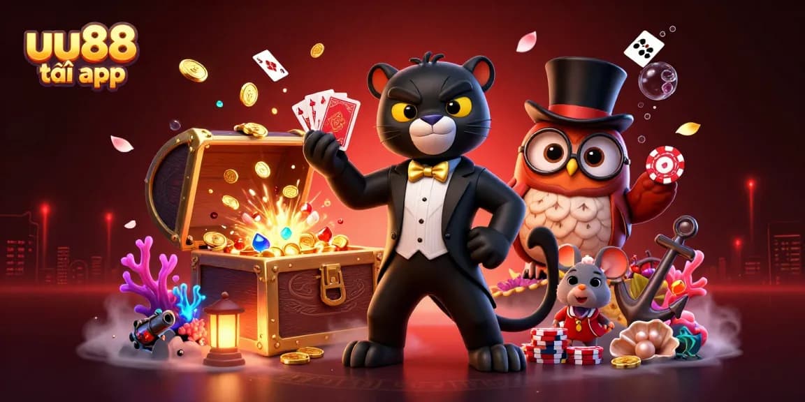Engage with thrilling games on uu88 tải app, featuring characters and casino elements in a vibrant scene.