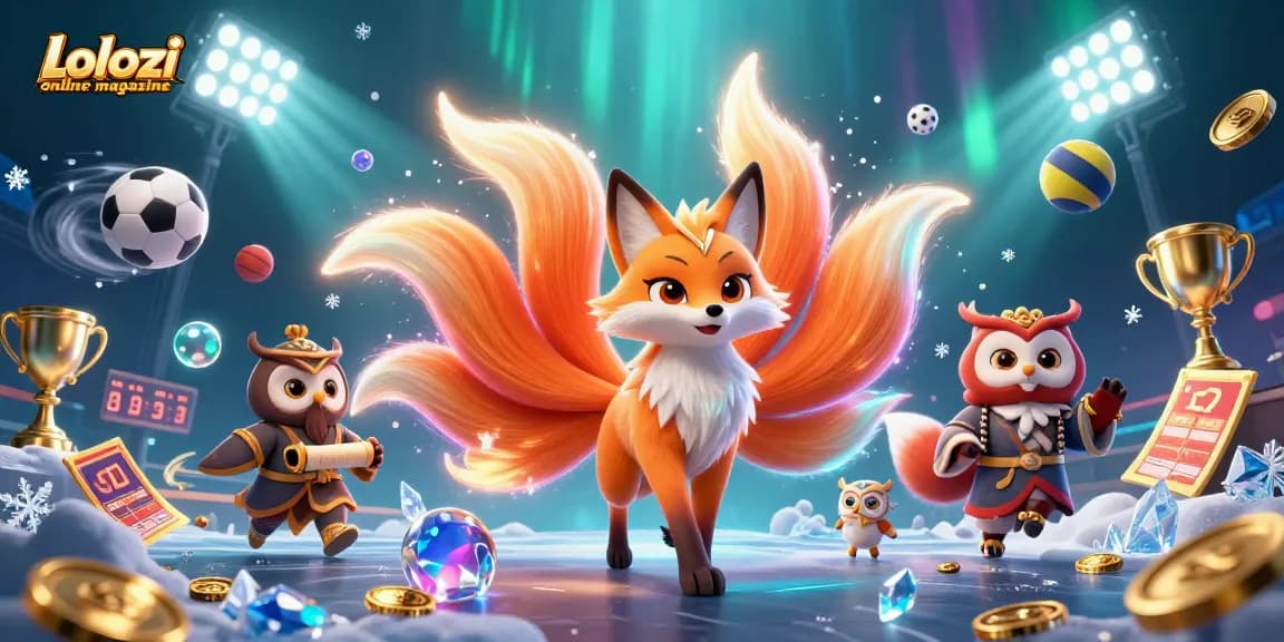 Lolozi online magazine showcases a vibrant illustration of a glowing fox spirit and owl sage amidst dynamic sports betting elements.