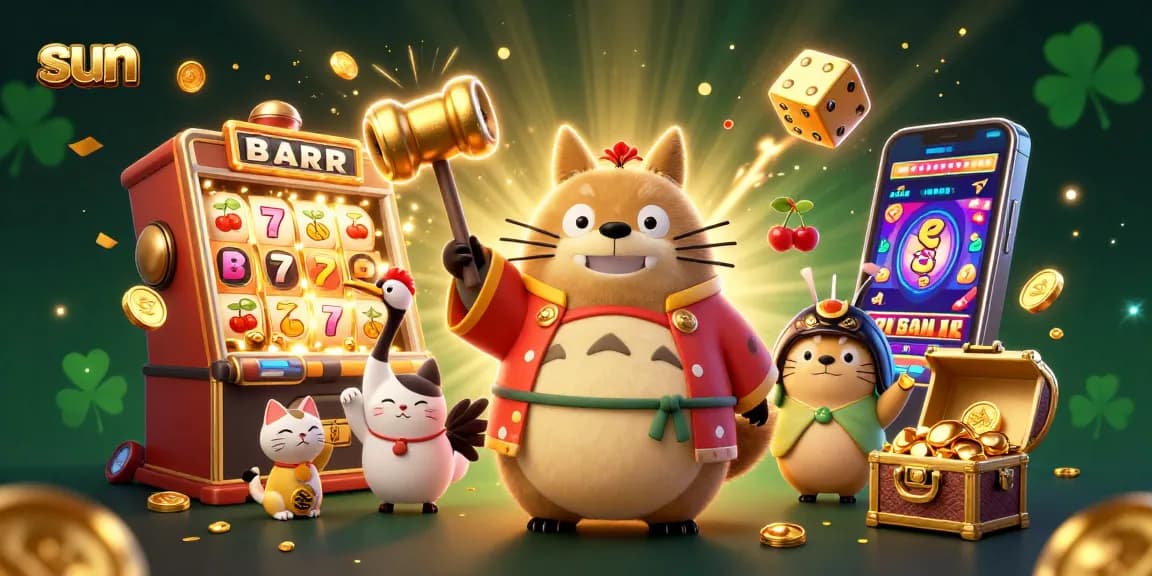 Experience the sun of gambling excitement with a joyful tanuki amid slot machines and lucky charms.
