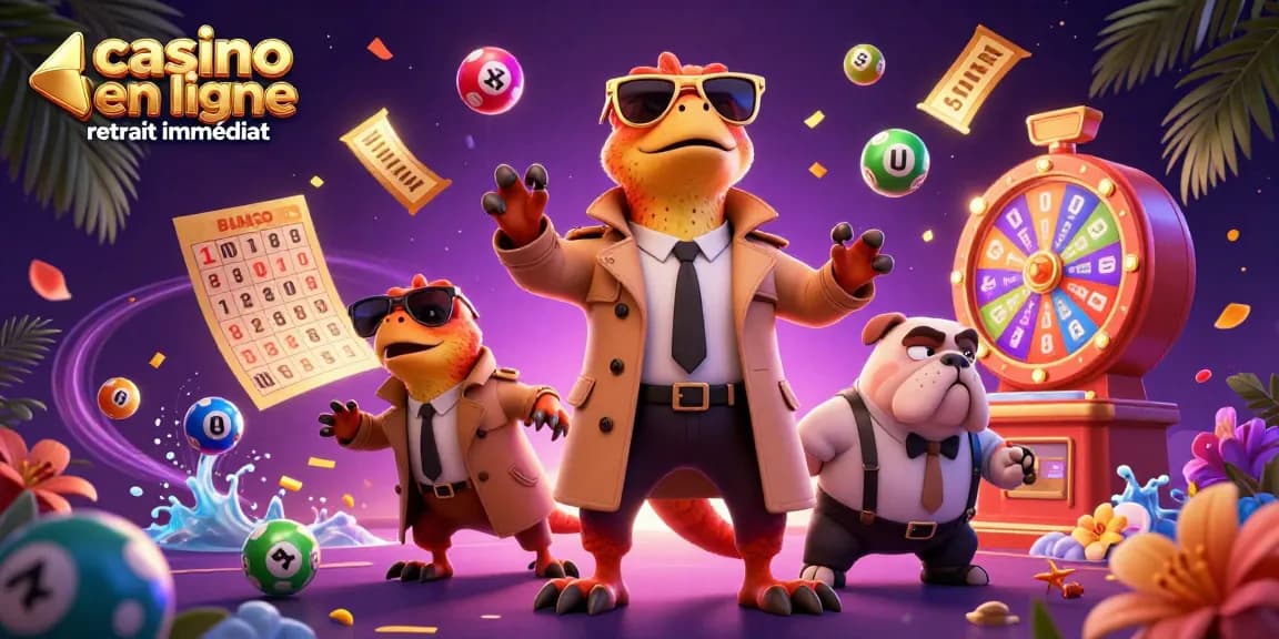 Illustration dynamique de raptors en trench coat au VIP, évoquant le casino en ligne retrait immédiat.