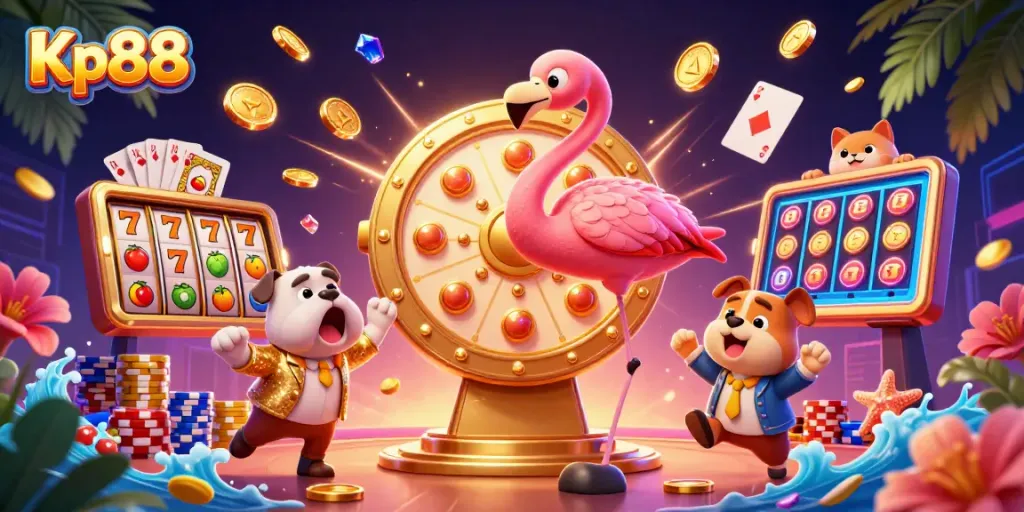 Kp88 showcases thrilling gaming with a dynamic casino scene featuring slots, prizes, and excitement.