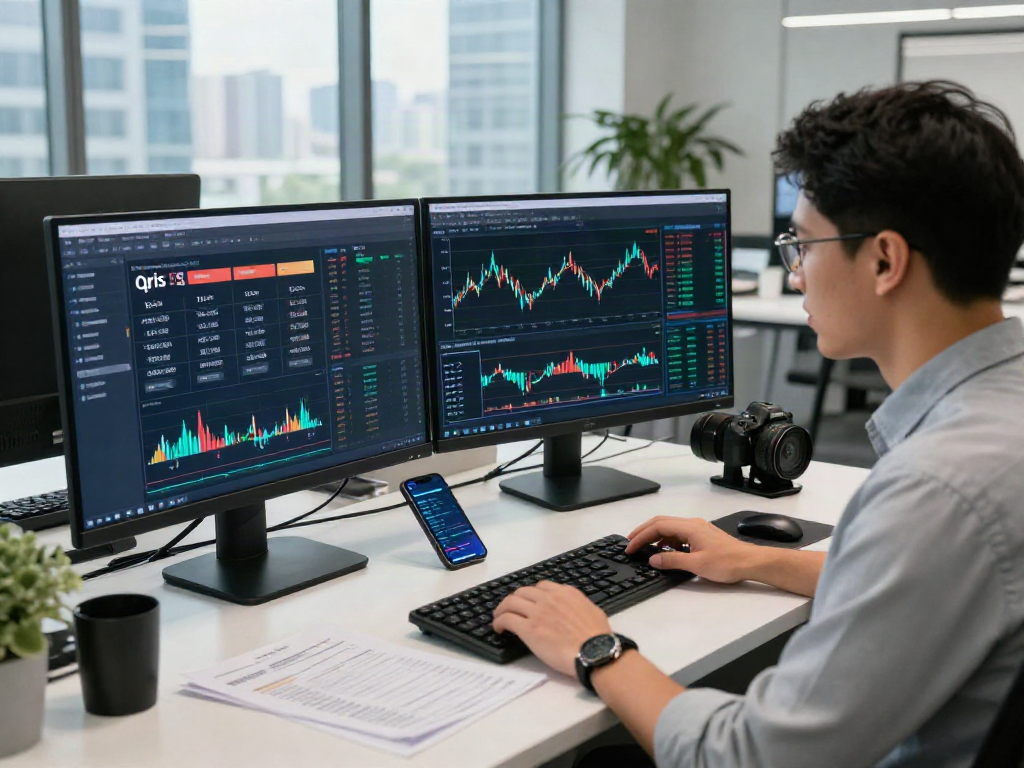 Financial analyst reviewing slot qris 5k transactions in a modern office with city view