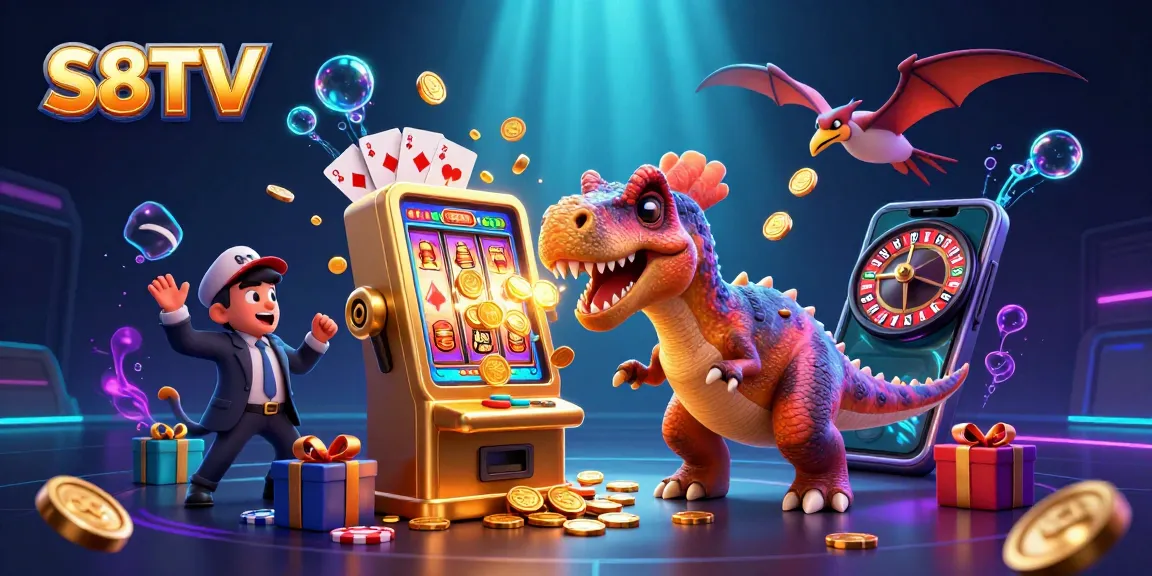 S8TV showcases a dinosaur jackpot scene with animated excitement, depicting unique casino experiences.
