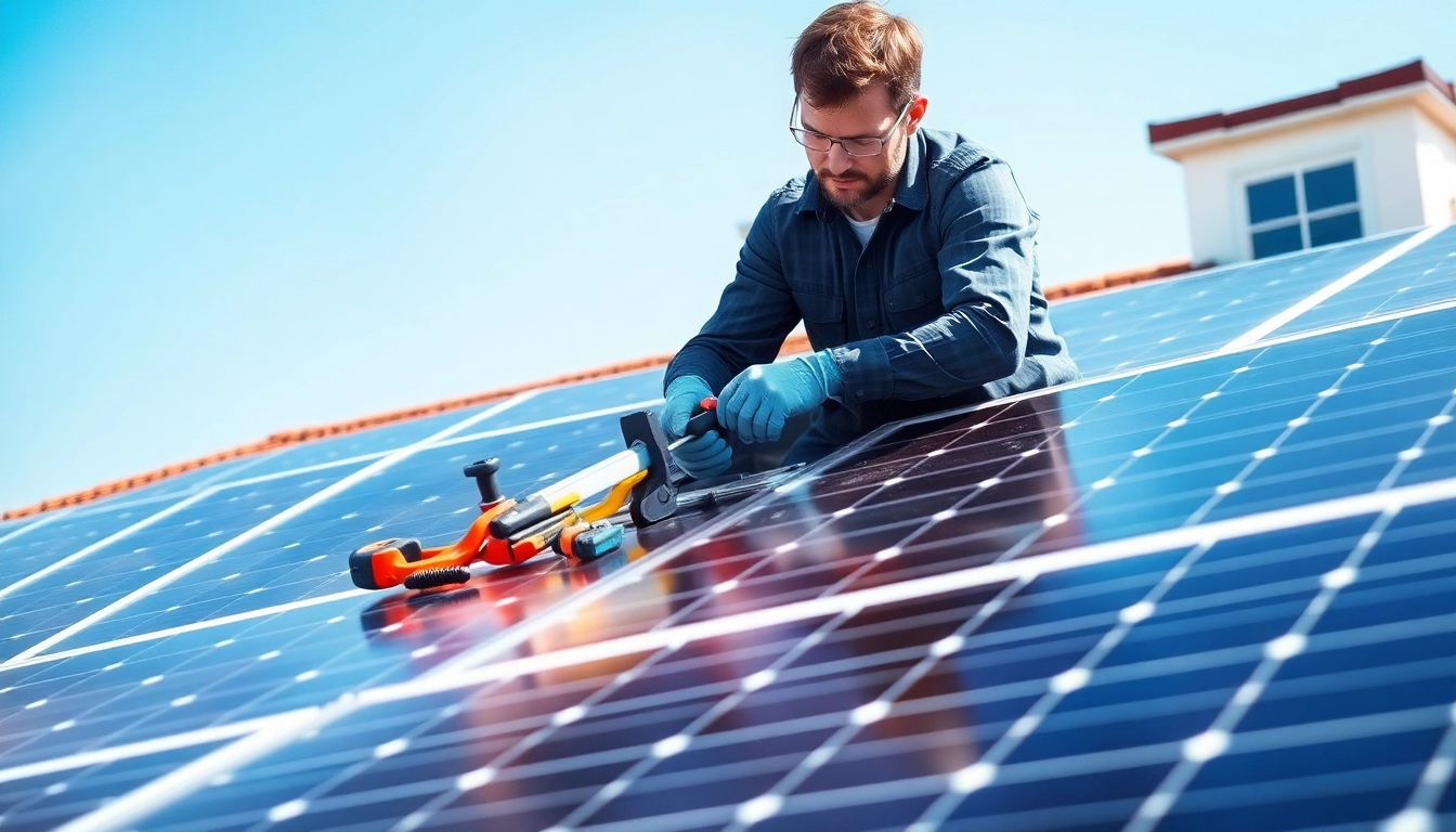 Technician conducting solar panel repair with tools atop a roof under bright natural light.