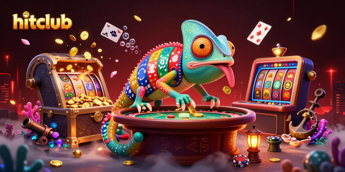 Hitclub gaming scene featuring a colorful chameleon owner among vibrant slot reels and coins.