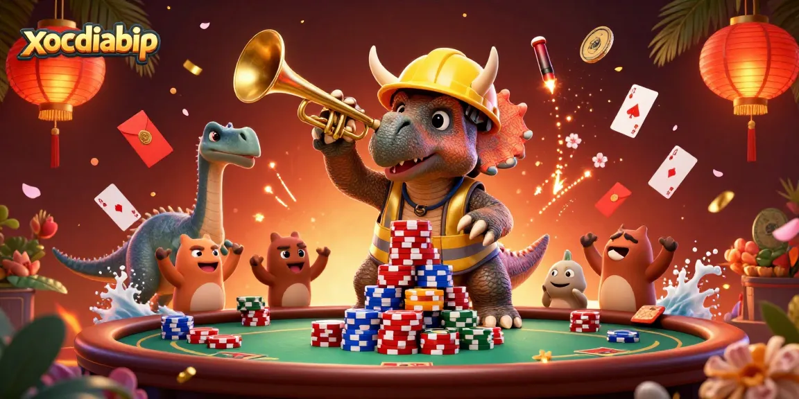 Experience exciting poker adventures with xocdiabip's dynamic triceratops and game elements in a rich 3D illustration.