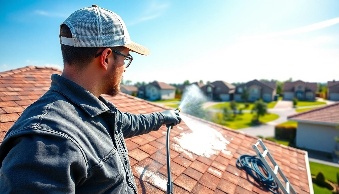 Engaging roof cleaning service in action with a technician and vibrant neighborhood surroundings.