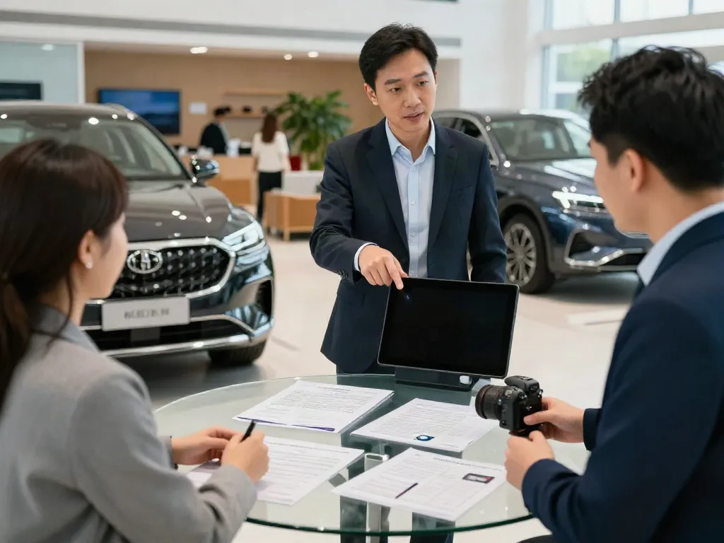 Salesman assisting a customer interested in a car with no title at a dealership.