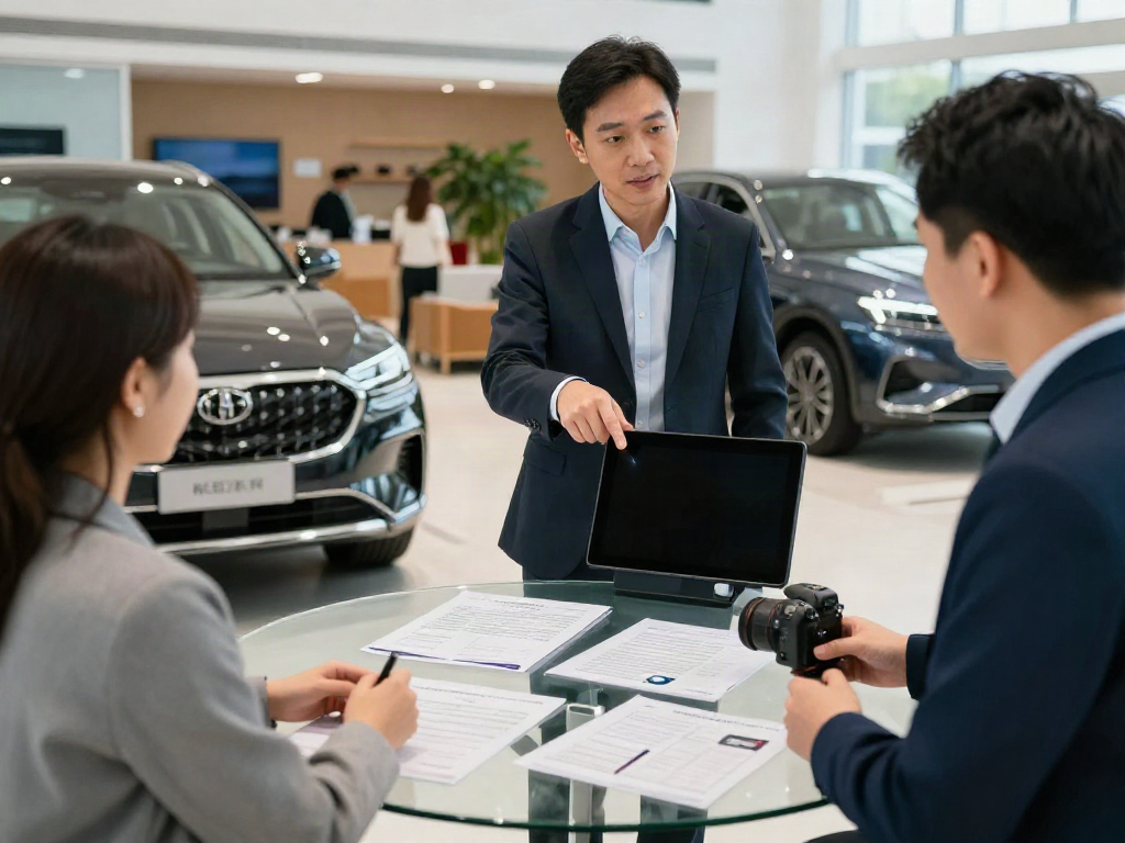Salesman assisting a customer interested in a car with no title at a dealership.