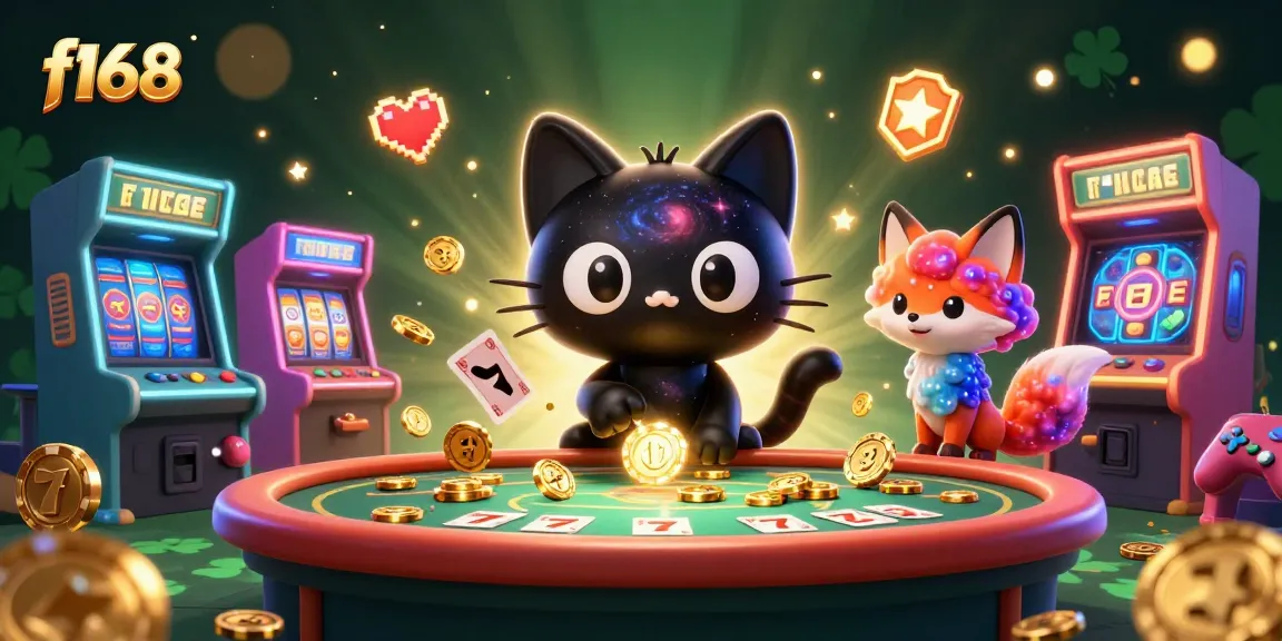 f168 casino scene featuring a cosmic cat and fox pulling in golden gambling chips and cards.