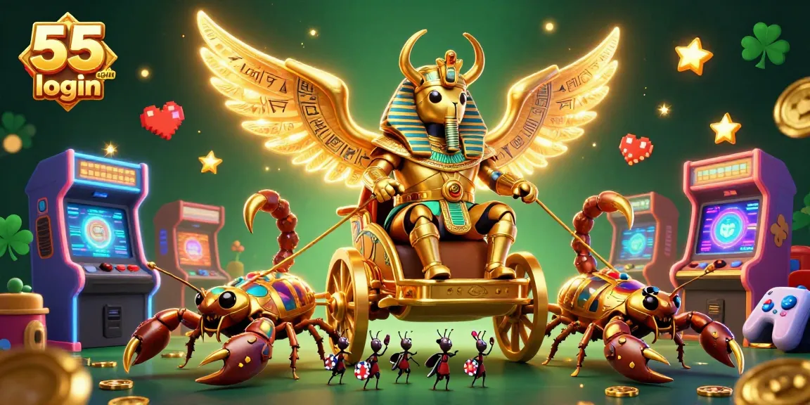 Engage with the vibrant 55 club login scene featuring gaming elements and a dazzling beetle chariot.