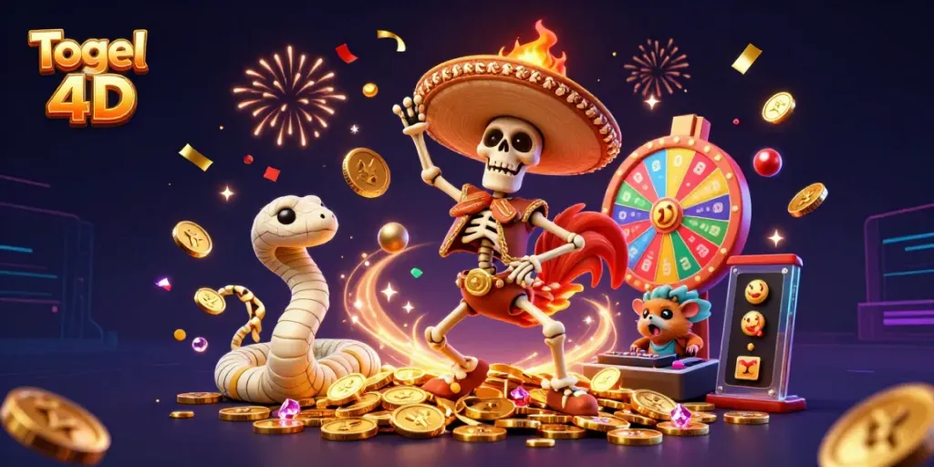 Ilustrasi Togel 4D unik menampilkan karakter kartun meriah dengan elemen kasino, memikat pemain dalam perayaan keberuntungan.