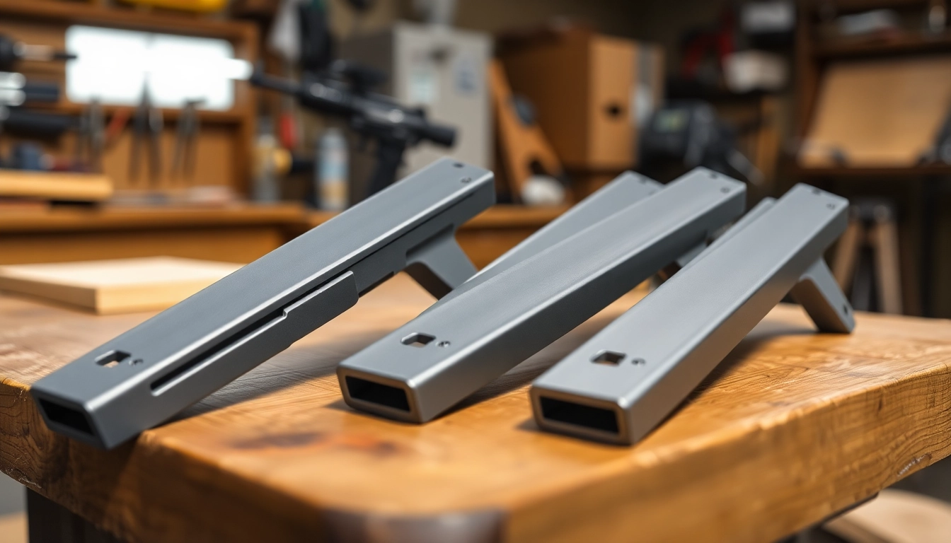 Showcase of glock slides with polished finishes against a warm wooden table.