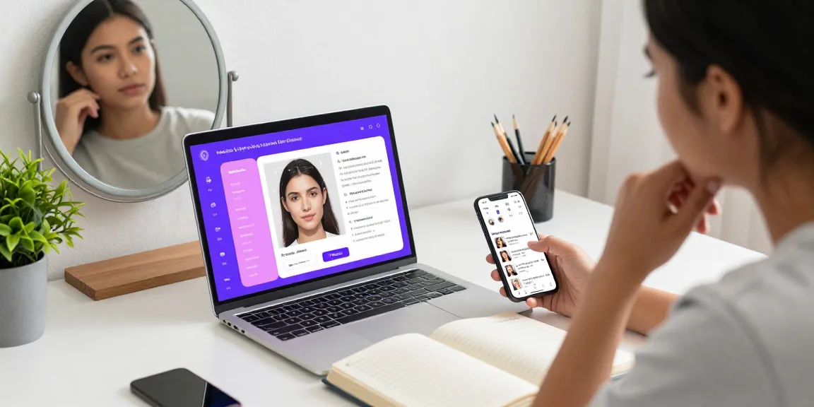 User taking an online attractiveness test on a laptop, analyzing facial features in a modern workspace.