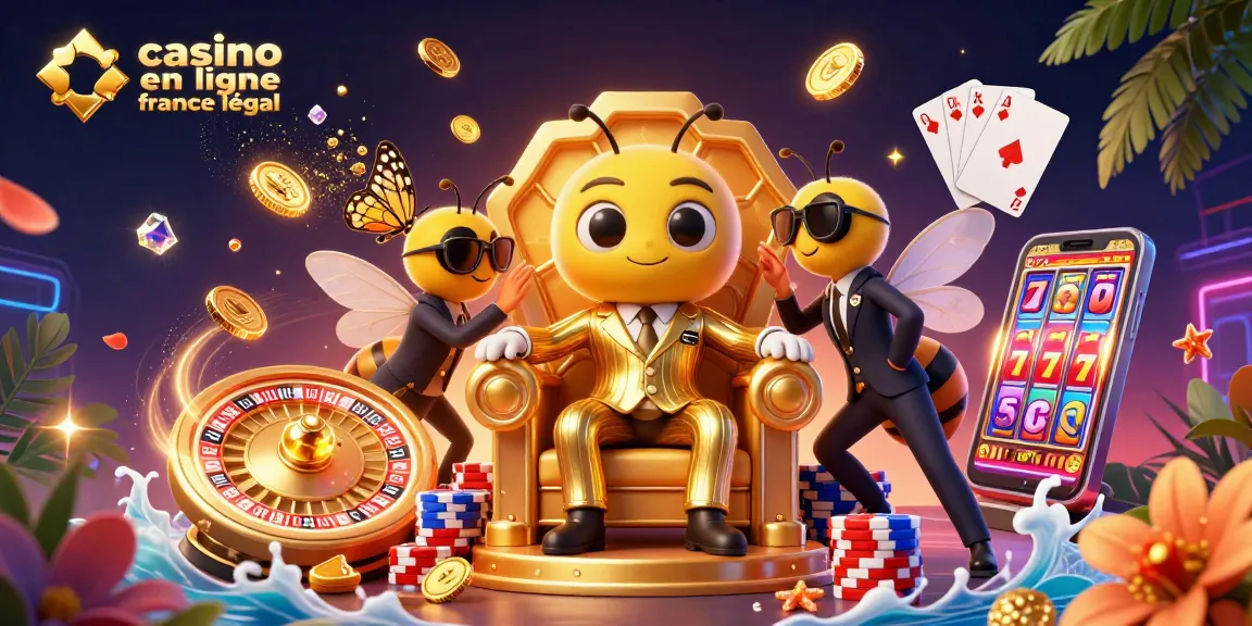 Illustration captivante de casino en ligne France légal, avec un boss abeille et des jeux d'argent animés.