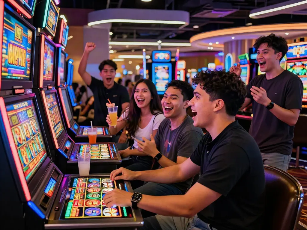 Friends celebrating at a casino slot gacor machine jackpot win, vibrant and lively atmosphere.