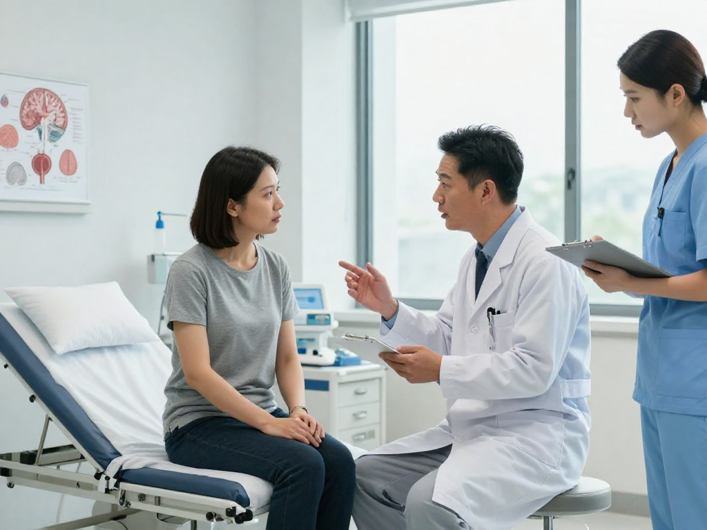 Detailed discussion on beyin tümörü ameliyatı between a neurosurgeon and patient in a modern clinic.