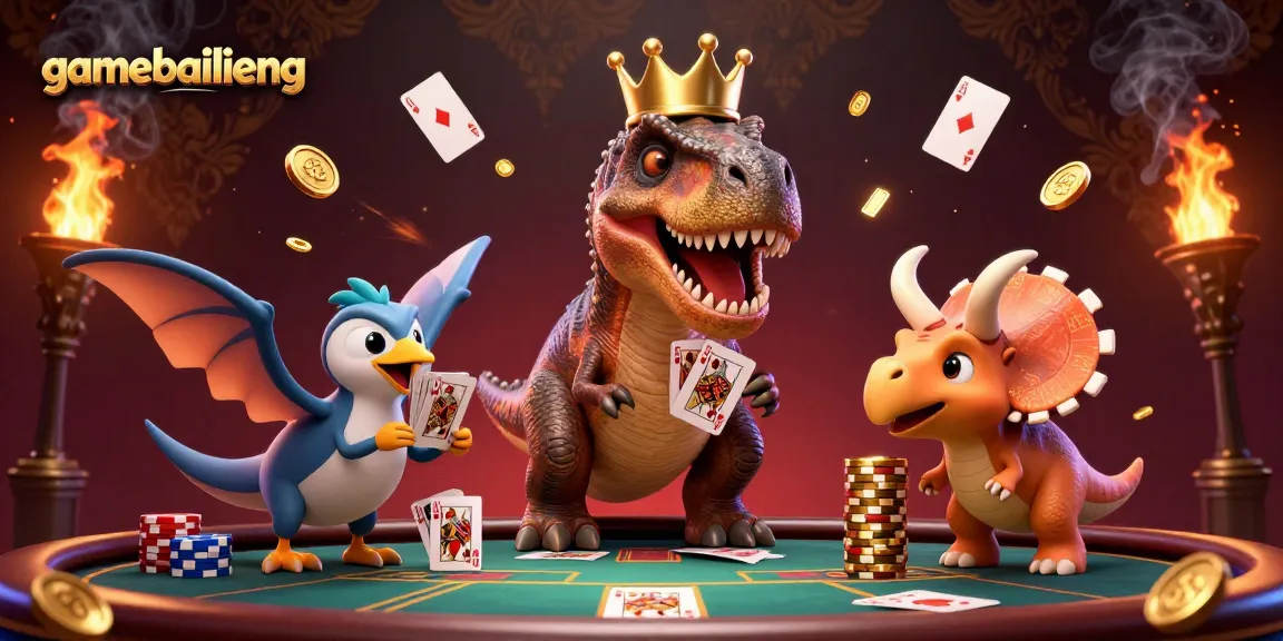Engage with the exciting gamebailieng as a T-Rex plays cards with friends amidst dynamic casino elements.