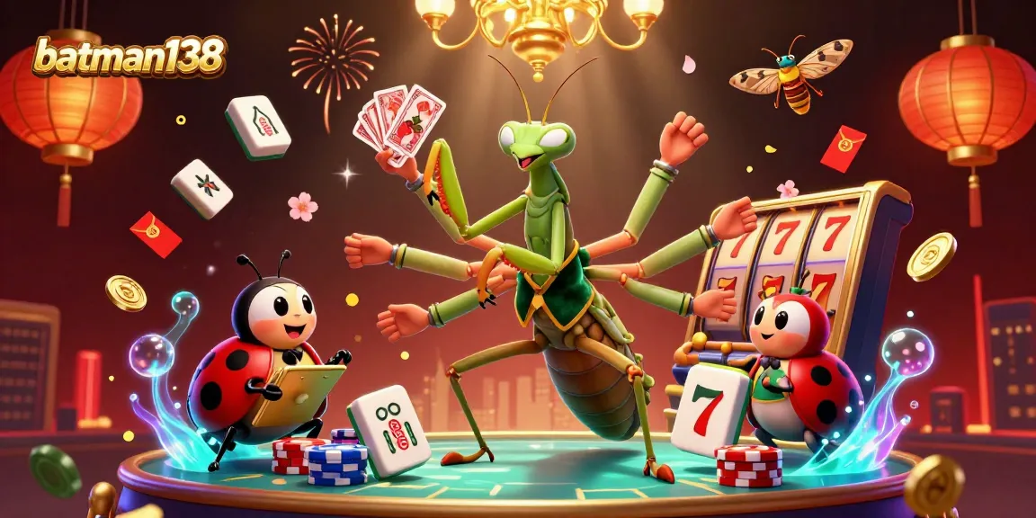 Engage with batman138 as a giant mantis dealer and ladybug pit boss in a vibrant casino scene.
