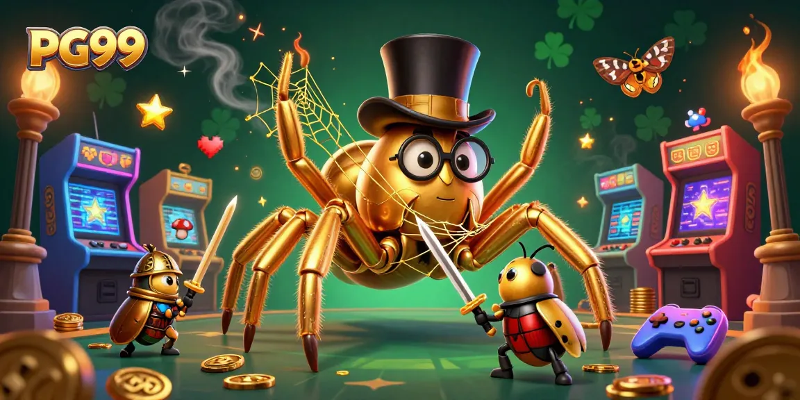 Engage with PG99's thrilling casino experience, featuring a golden tarantula and beetle knight in action.