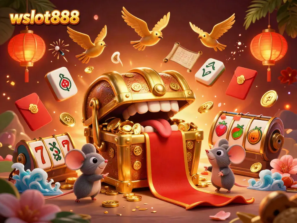 Visualisasi menarik dari wslot888 yang menggambarkan keindahan slot dengan peti harta karun dan elemen keberuntungan.