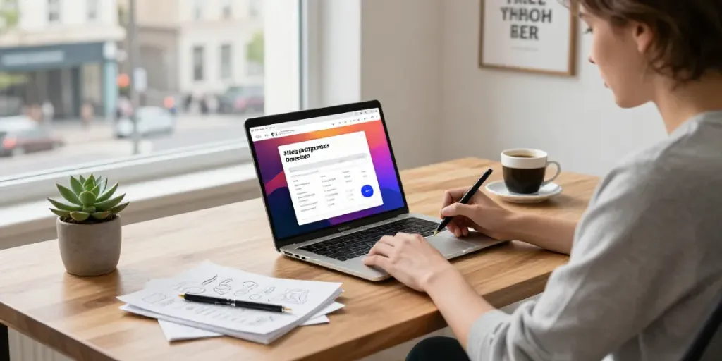 Freelance writer using an AI blog post generator in French at a modern workspace.