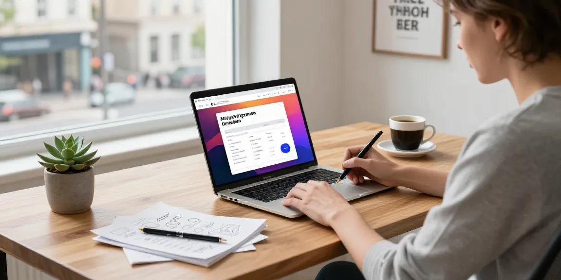 Freelance writer using an AI blog post generator in French at a modern workspace.