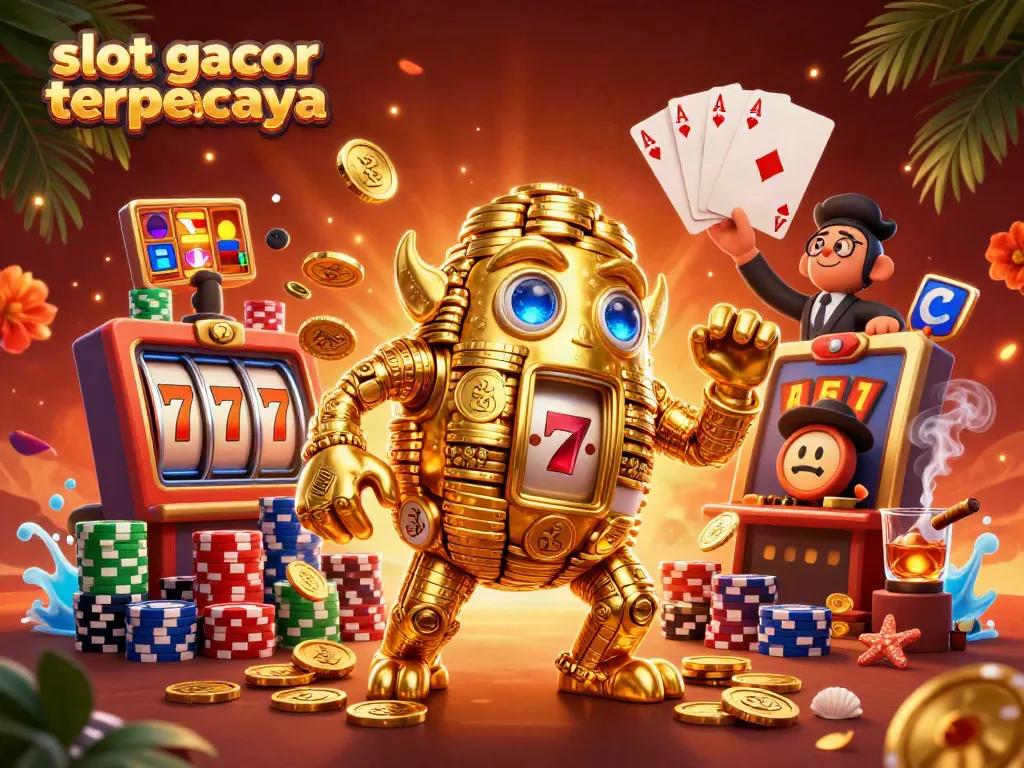 Menangkan permainan slot gacor terpercaya dengan simbol permainan berwarna-warni dan golem emas.
