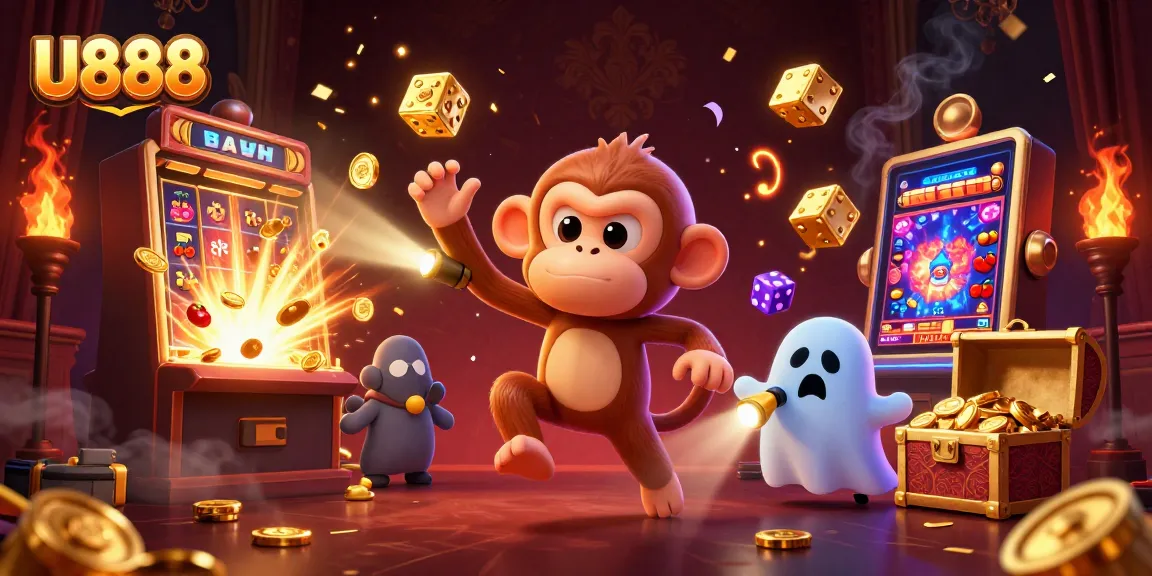 Win big at U888 with a mischievous poltergeist monkey juggling casino treasures in an enchanting scene.