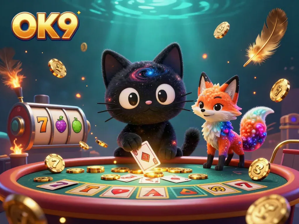 Engage with OK9 in a vibrant cosmic casino scene, featuring playful characters and dynamic gambling elements.