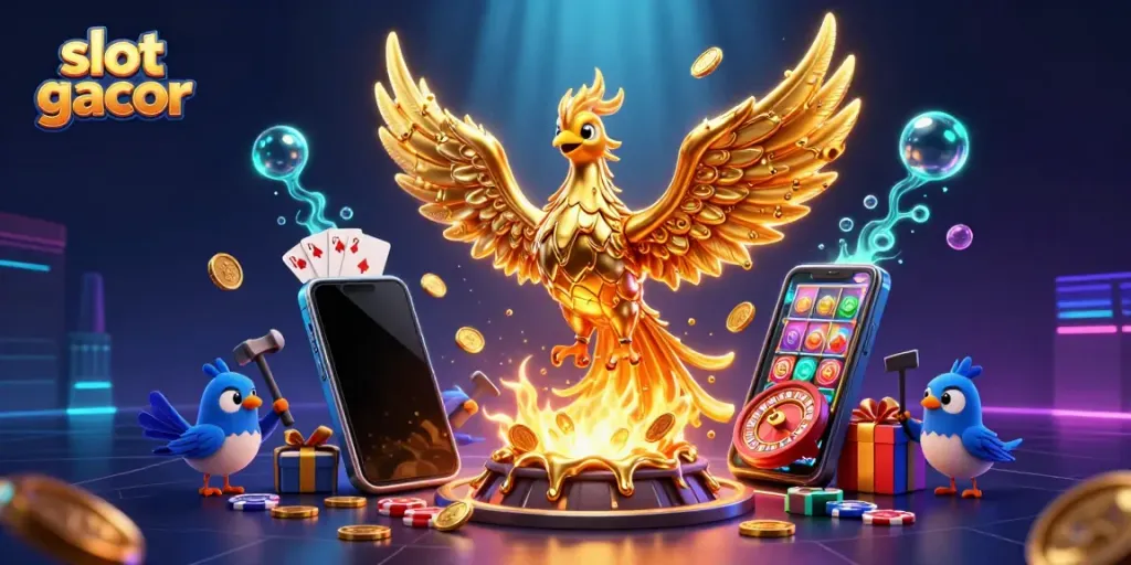 Permainan slot gacor dengan phoenix emas dan smartphone slot dalam ilustrasi 3D yang menawan.