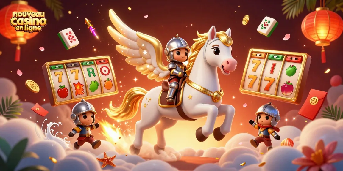 Illustration 3D représentant un nouveau casino en ligne avec un cheval céleste et des éléments de jeu captivants.