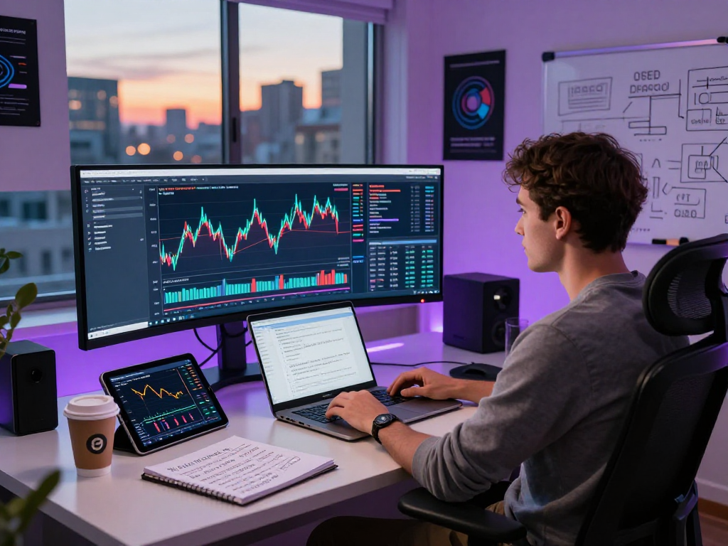 Dynamic workspace showcasing USDT0 liquidity analysis with tech elements and city backdrop.