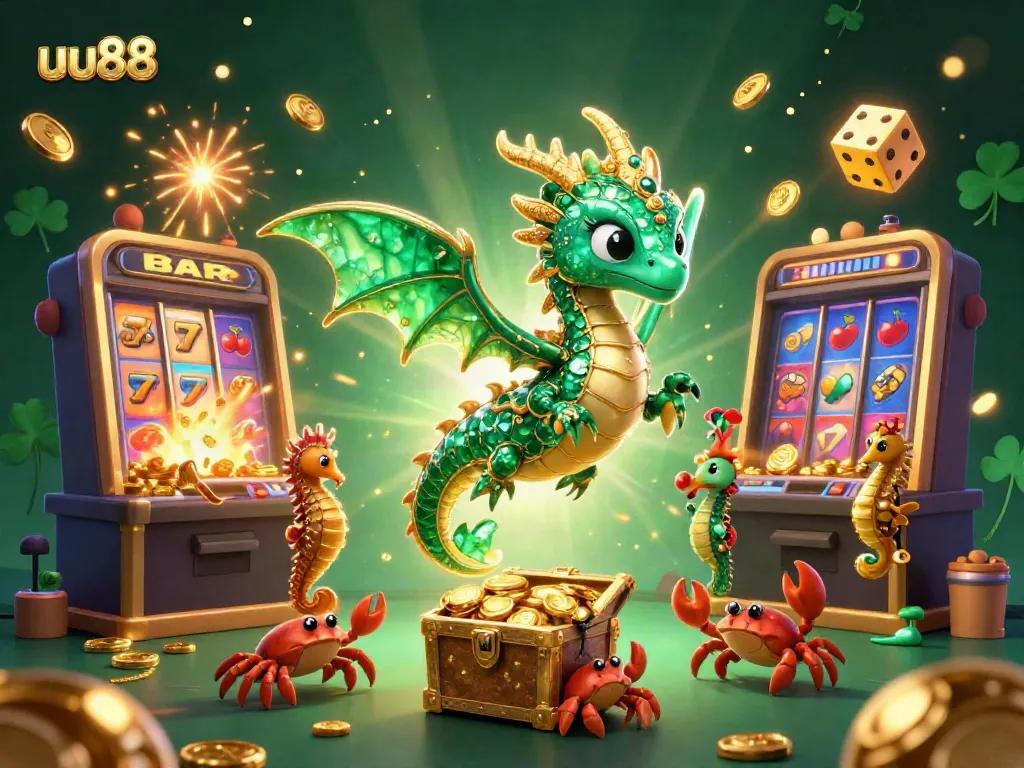 Experience excitement at uu88 with a dazzling sea dragon and jackpot-filled scene vibrant with casino elements.