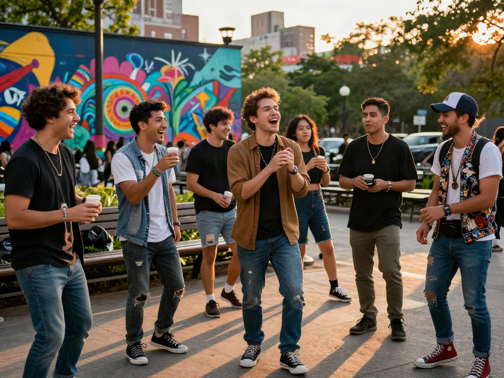 Group of friends enjoying a fun outing, some look like celebrities, in a vibrant urban park during sunset.