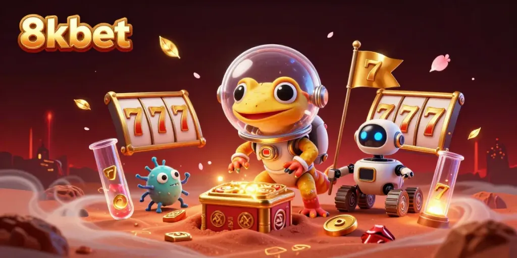 Experience thrilling gaming excitement at 8xbet with a captivating Martian casino adventure illustration.