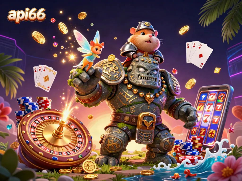 Experience the thrilling gameplay of api66 with a vibrant 3D illustration featuring dynamic casino elements.