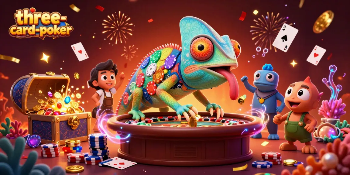 Experience three-card-poker excitement with a colorful chameleon casino owner amid dazzling casino elements.
