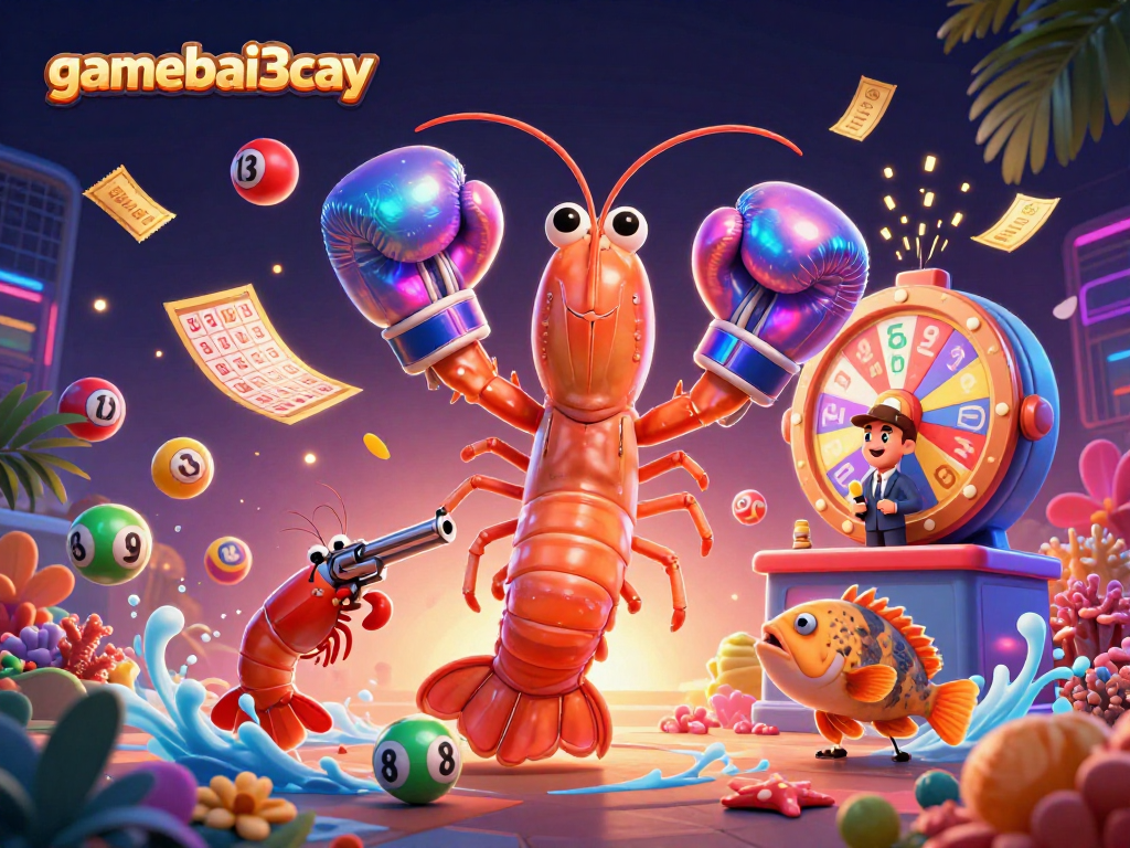 Gamebai3cay features a dynamic scene with cartoon characters and energetic gambling elements.